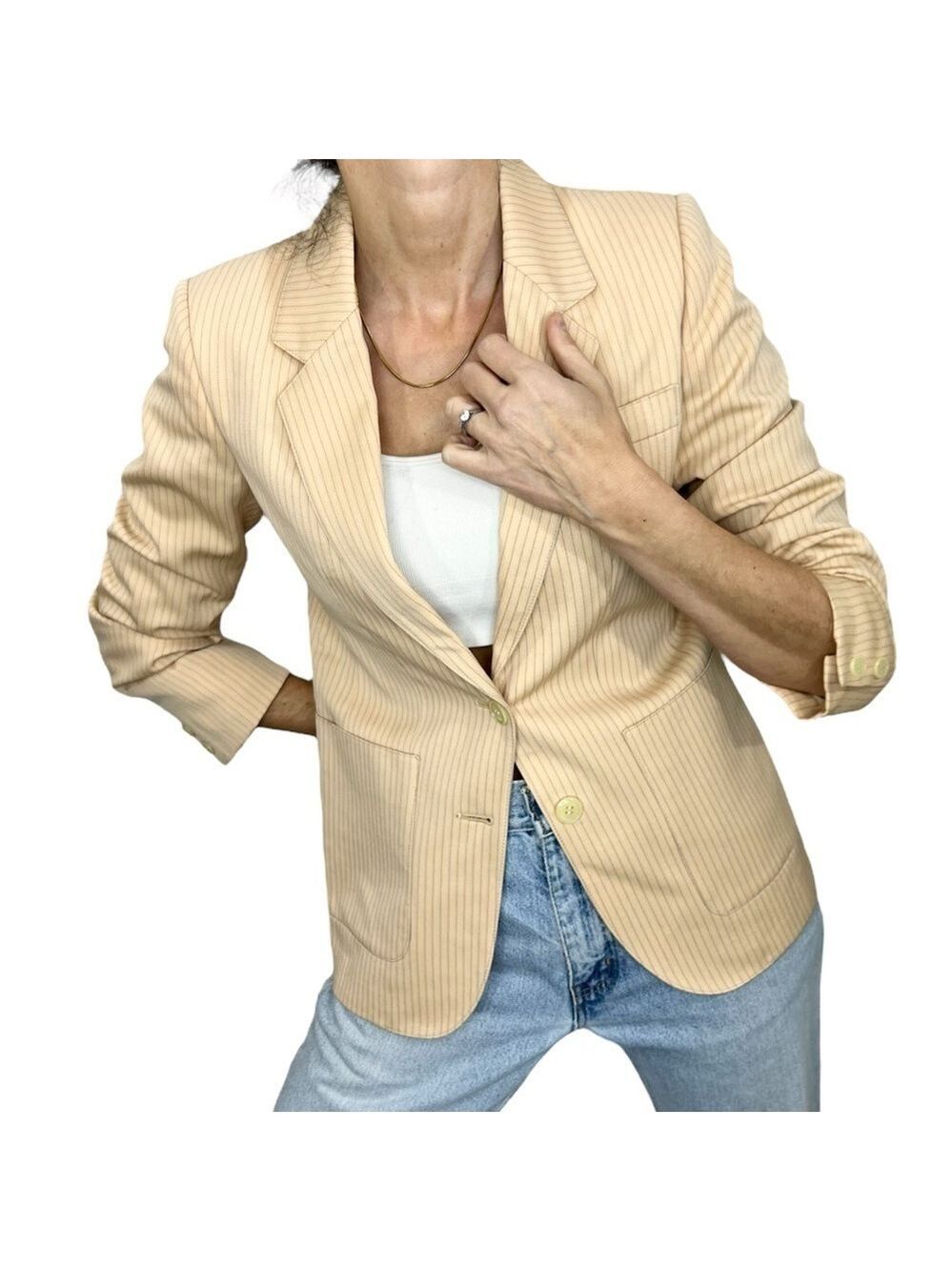 Vintage 70s union made 100% wool peachy tan pin stripe tailored jacket blazer 38